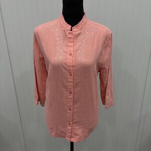VTG Adrian Delafield Haband Women's Large Pink Linen Blend Button Up Blouse Boho